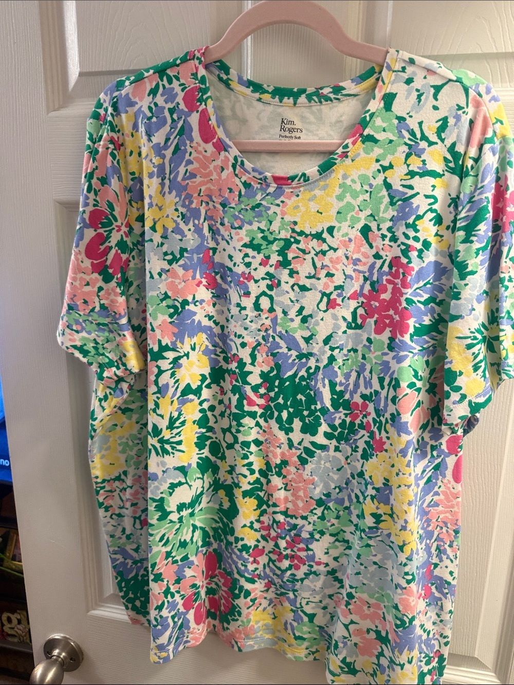 Kim Rogers Floral Print Short Sleeve Tee in Green, Pink, Yellow, Blue